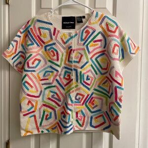 Vintage Michael Simon Multicolor Abstract White Short Sleeve Cardigan Sweater